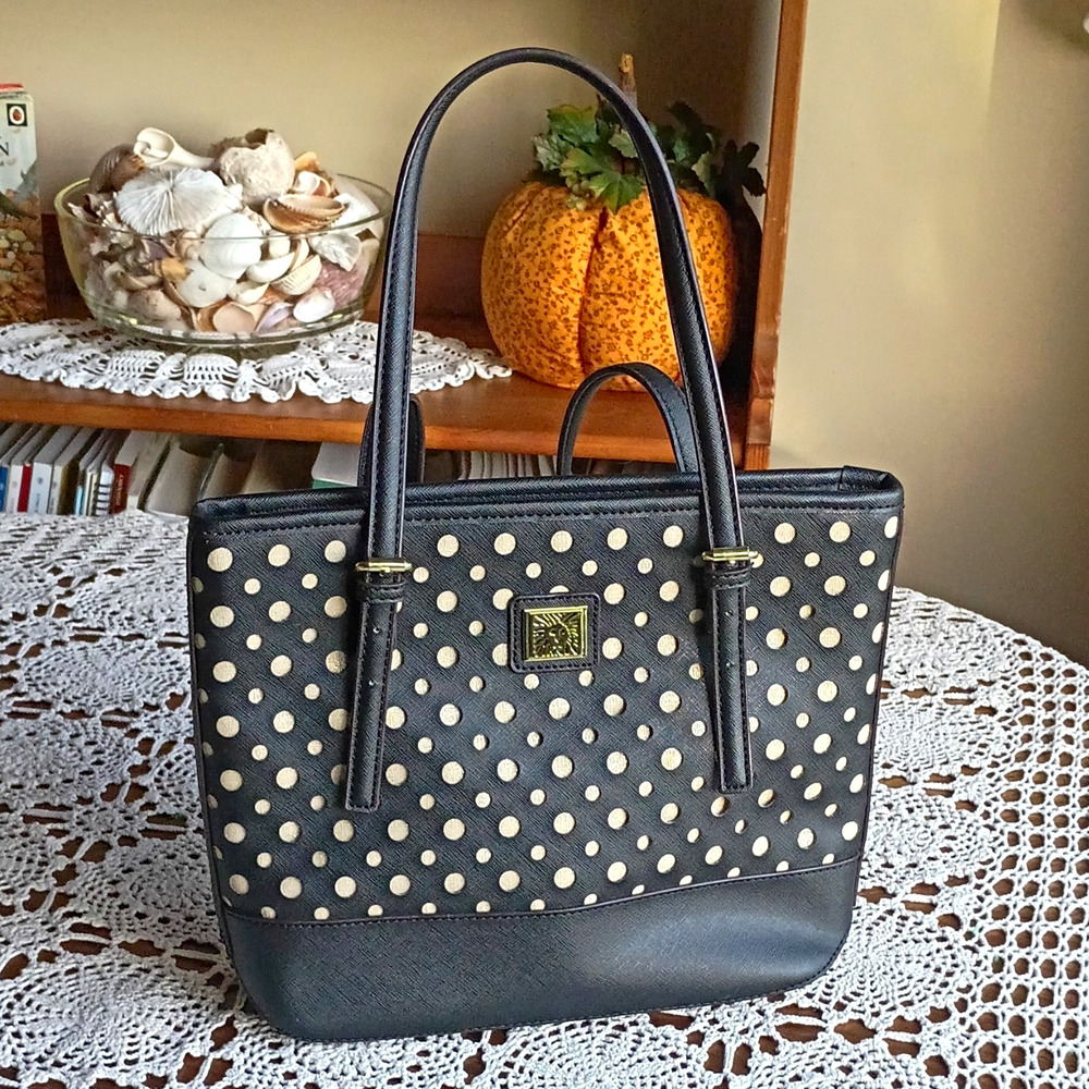 Anne Klein Womens Black Beige Polka Dot Perforated Tote Bag Purse Lion Logo Gold
